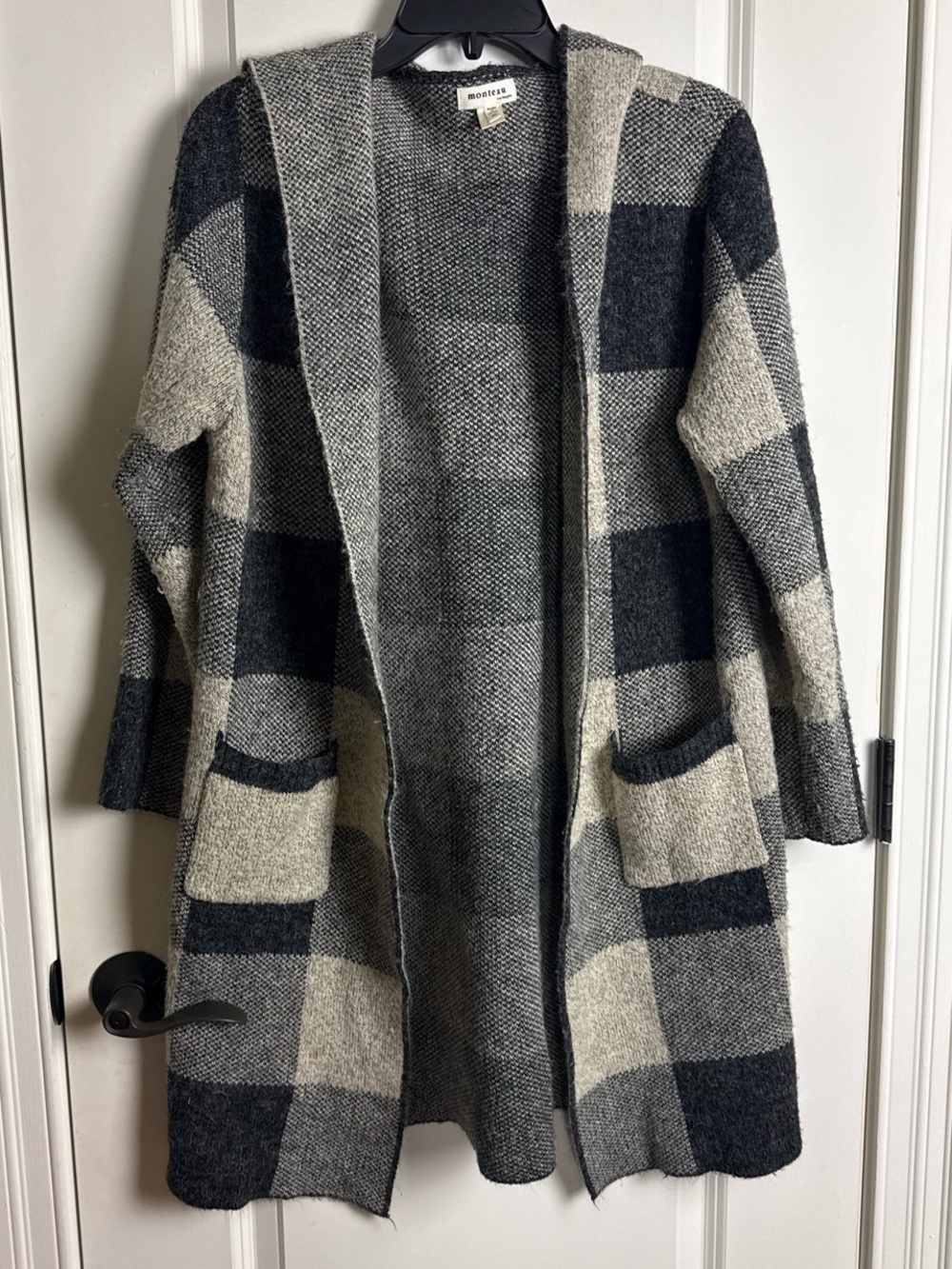 Monteau Hooded Open-Front Plaid Cardigan in Gray and Cream